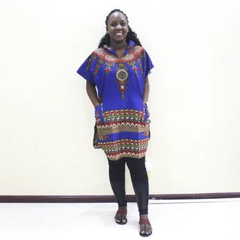 2019 Модные повседневные африканские дашики с традиционным принтом, Нигерия, Анкара, карманы, с капюшоном, Синие хлопковые женские топы, футболка