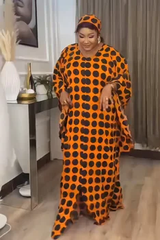 2023 Африканские платья больших размеров для женщин, Летнее Элегантное Африканское Длинное платье Макси из полиэстера с V-образным вырезом и коротким рукавом Белого оранжевого цвета