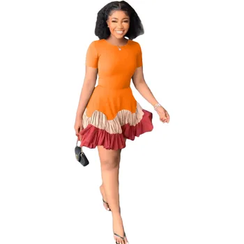 2023 Летнее Элегантное Африканское Женское Мини-платье из Полиэстера с Коротким рукавом и Круглым вырезом, Черное Розовое Оранжевое, S-3XL, Африканские Платья для Женщин