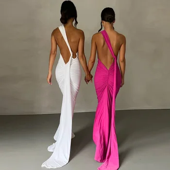 2023, Регулируемый Шарф на одно плечо с открытой спиной, Сексуальное Платье Макси с Рюшами, Женское Элегантное Уличное платье Y2K Для Фестиваля