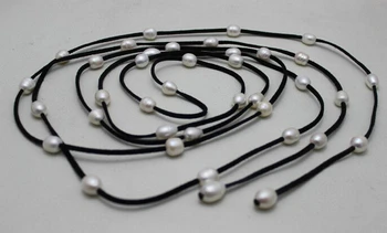 48-ДЮЙМОВОЕ черное кожаное длинное ожерелье с белым пресноводным жемчугом 10x12 мм