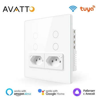 AVATTO Tuya WiFi Настенный выключатель и розетка, 16-стандартная стеклянная панель 4X4, 4 Кнопки, Умный выключатель света, работает с Alexa Google Home