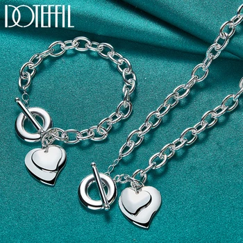 DOTEFFIL 2 шт., ожерелье и браслет из стерлингового серебра 925 пробы с двойным сердцем, набор для женщин, мужчин, свадебные украшения для помолвки