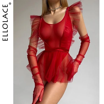 Ellolace, Эротическое боди с оборками и Перчатками, Прозрачное Кружево, Сетчатые топы для Сисси, Сексуальное Женское белье, Необычный костюм с бантом