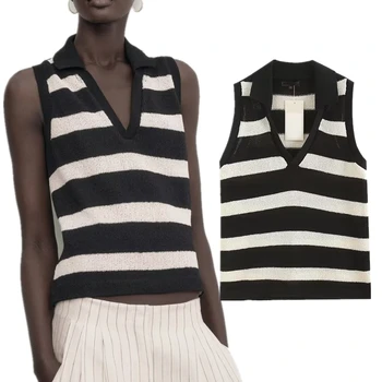 Elmsk/ французская модная женская футболка-поло в черно-белую полоску, свободный топ без рукавов, женский топ