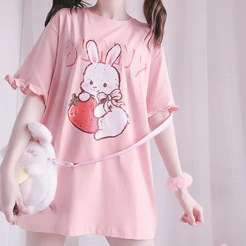 Harajuku, Милая футболка с клубничным кроликом, Розовая Футболка, Летняя Футболка с коротким рукавом и оборками, Y2k, Гранж, Свободные топы средней длины, Женские