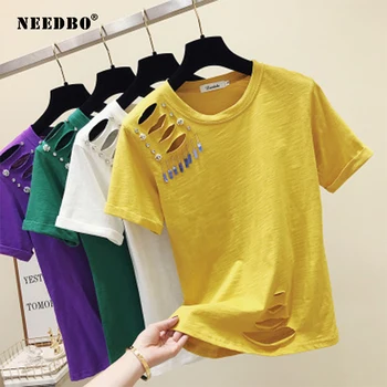 NEEDBO, Летняя женская футболка, Повседневная тонкая футболка с дырками, Женская Сексуальная летняя футболка с коротким рукавом, Женский Корейский стиль 2020, Однотонные топы