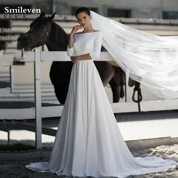 Smileven, Элегантные атласные Свадебные платья 1/2 с длинным рукавом и открытыми плечами, Платье Невесты с открытой спиной, Свадебное платье Vestido de novia 2021