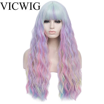 VICWIG Длинные вьющиеся волосы, парик для косплея, синий градиентный розовый, Синтетические парики с челкой для женщин, термостойкий накладной парик