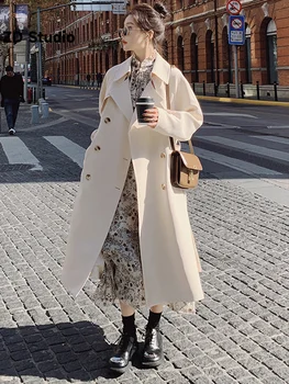 [ZD Studio] Женская ветровка с лацканами, Двубортное однотонное пальто с длинным рукавом, Женская уличная одежда, осень
