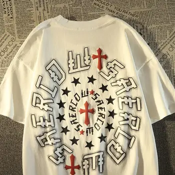 Американская Винтажная футболка Street Cross из чистого Хлопка с коротким рукавом, Мужская Летняя Свободная Универсальная Модная Брендовая Футболка с коротким рукавом