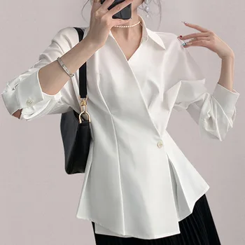 Белая рубашка Женская 2023, Новый продвинутый французский модный темперамент, тонкая талия, профессиональный топ-поло для пригородных поездок