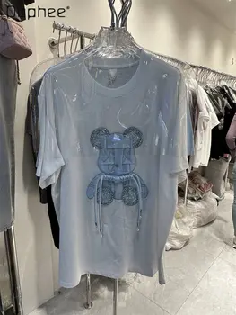 Весенне-летняя новая одежда в стиле Каваи, Хлопковые топы с вышитым объемным медведем, Свободная женская футболка средней длины с коротким рукавом