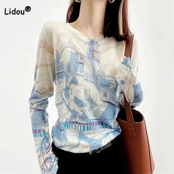 Весенне-осенняя одежда для женщин, футболка с круглым вырезом и длинными рукавами с графическим принтом, Модный повседневный тонкий пуловер, вязаные топы