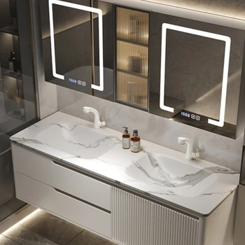 Встроенный туалет с двойной раковиной, легкий роскошный простой шкаф для ванной комнаты, комбинированный дубовый умывальник, мытье рук и лица