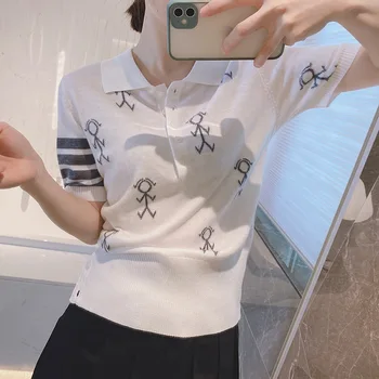 Высококачественная Летняя футболка ПОЛО с короткими рукавами и воротником-поло в Полоску в Корейском Стиле TB с четырьмя Полосками, Тонкая Шелковая Шерстяная футболка с вышитым рисунком