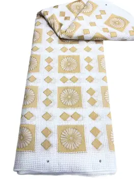Вышитое швейцарское вуалевое кружево для женского платья, белое с золотом, Африканская хлопчатобумажная ткань, последняя версия, 5 ярдов, 2023