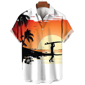 Гавайская рубашка для серфинга Для мужчин 2023, Новые мужские Рубашки с коротким рукавом, Модная Мужская одежда для пляжного отдыха, воротник на пуговицах, блузка