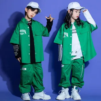 Детская демонстрационная одежда в стиле хип-хоп, Зеленая рубашка, куртка, Тактические брюки-карго для бега Трусцой для девочек и мальчиков, костюм для джазовых танцев, Одежда
