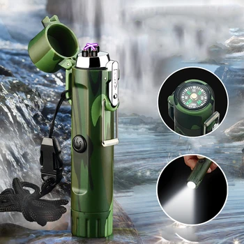 Дуговая USB-зажигалка для выживания в походе на открытом воздухе, Плазменная зажигалка с фонариком, Компас, Зажигалки для выживания, Водонепроницаемые и ветрозащитные