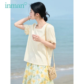 Женская футболка INMAN 2023, Летние футболки с короткими рукавами и квадратным вырезом, Свободные футболки с изысканной вышивкой, французские ретро-топы абрикосового цвета