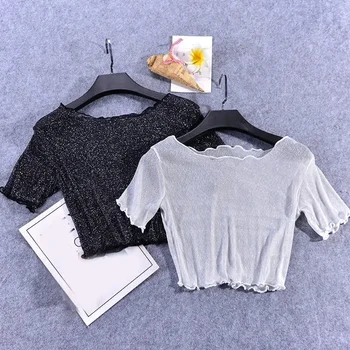 Женские летние короткие футболки, сетчатый солнцезащитный топ с нижней рубашкой, короткий рукав, шелк льда, O-образный вырез, однотонная прозрачная футболка