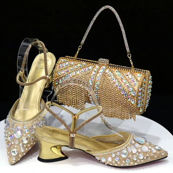 Женские туфли на высоком каблуке с острым носком 2023, элегантные вечерние туфли-лодочки золотистого цвета с бриллиантами, итальянская обувь и сумки в комплекте