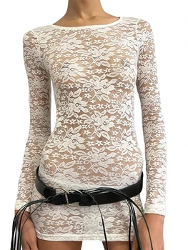 Женское Элегантное кружевное мини-платье с прозрачным круглым вырезом и длинными рукавами - идеально подходит для весенних и летних вечеринок