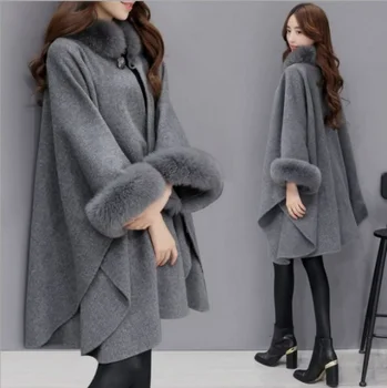Женское пальто 2023, Осенне-зимнее Шерстяное пальто с воротником, Женская Однотонная Темпераментная накидка, зимнее пальто с длинным рукавом