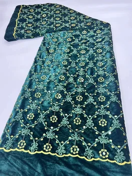 Зеленое Кружево Бархатная Кружевная ткань 2023 Высококачественное кружево Все для пошива одежды Материал Африканская нигерийская ткань с блестками 5 ярдов