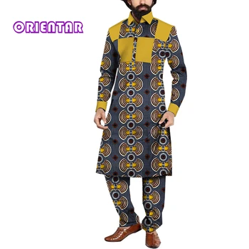 Комплект из 2 предметов, Мужской костюм, Длинная рубашка Дашики с африканским принтом и брюки, Мужская африканская одежда, комплект рубашек и брюк WYN1544