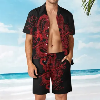 Красный Китайский дракон на черном фоне, Классический мужской пляжный костюм, винтаж, 2 предмета, Координаты, Высокое качество, Размер США для плавания