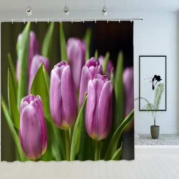Красочная цветочная занавеска для душа Букет Тюльпанов Занавески для ванной со свежим цветочным принтом Из водонепроницаемой ткани Для ванной комнаты с крючками Декоративный экран