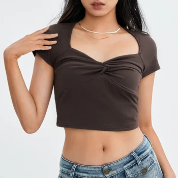 Летняя женская футболка с коротким рукавом, модные однотонные укороченные топы с V-образным вырезом, скрученные, приталенные, повседневные