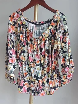 Лето 2023, Новая женская винтажная блузка с цветочным принтом, женская мода с V-образным вырезом, рукав три четверти, рубашки с завязками на талии и оборками