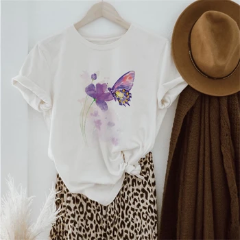 Модная футболка с принтом веселой мультяшной бабочки, женская летняя футболка с коротким рукавом, женская футболка Kawaii, милая футболка