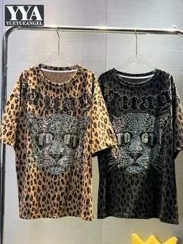 Модные летние женские повседневные футболки свободного кроя с леопардовым принтом, топы, футболка Diamonds Tiger Harajuku, пуловер с коротким рукавом, уличная одежда