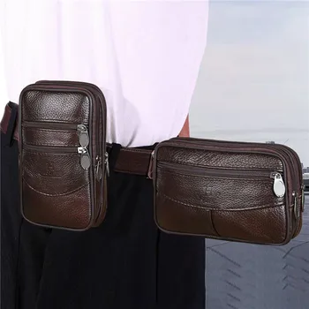 Мужская Кожаная поясная сумка Большой емкости, поясная сумка, Коричневые сумки через плечо, сумки через плечо с многослойной пряжкой, сумка для мобильного телефона, сумка для задницы
