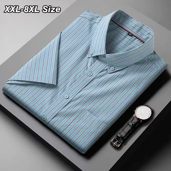 Мужская Повседневная рубашка с коротким рукавом из 100% Хлопка, Большие Размеры, Летнее Тонкое Полосатое Официальное Деловое Роскошное Платье 6XL 7XL 8XL