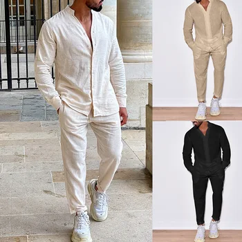 Мужские Комплекты Льняной Весенне-осенний костюм для отдыха, Рубашки и брюки с длинными рукавами, Комплекты из двух предметов, модная мужская одежда оптом