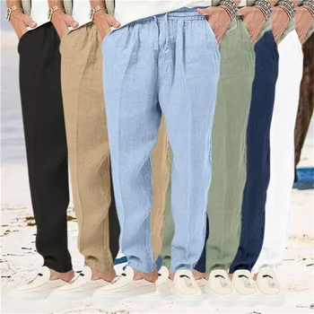 Мужские дышащие брюки в тон, однотонные брюки с завязками, с несколькими карманами, Хлопково-льняные Длинные мужские брюки Masculina