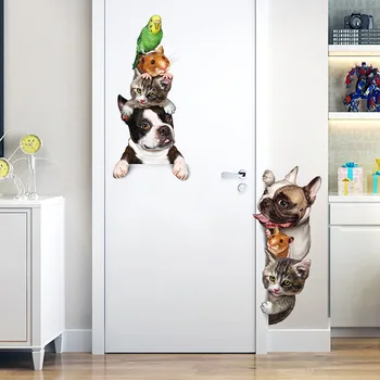 Мультяшные Животные 3D Наклейка На стену Кошки Собаки Мыши Птицы Дверные Наклейки Забавный Домашний Декор Украшение Детской комнаты Виниловые Обои