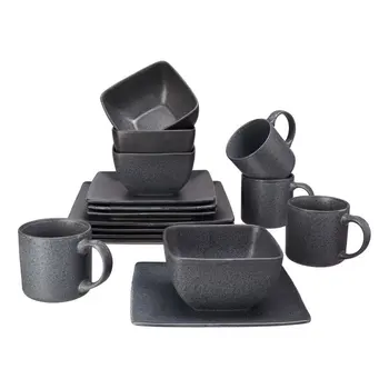 - Набор посуды из темно-серого квадратного керамогранита на 16 предметов