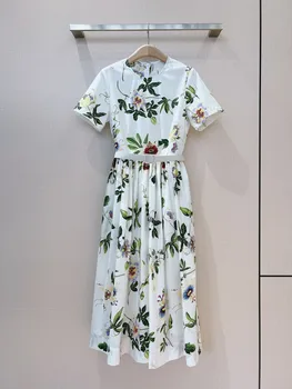 Новое поступление 2023 Года, Высококачественные весенне-летние Элегантные платья миди из натурального хлопка с цветочным принтом для леди