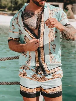 Новый модный Гавайский комплект рубашек, Мужской комплект с принтом, Летняя повседневная рубашка с цветочным рисунком, Пляжные мужские комплекты из двух предметов, S-3XL