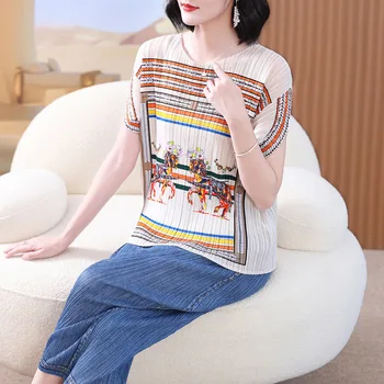 Оригинальный Плиссированный Модный топ Miyake, Женская футболка 2023, Оригинальная Новая Клетчатая рубашка с Круглым вырезом и короткими рукавами, Универсальная Трендовая рубашка
