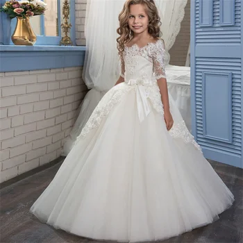 Платья для Первого причастия, Элегантное тюлевое платье Принцессы с бантом и цветочным узором для девочек, Свадебная вечеринка, Бал Мечты, подарок-сюрприз для детей