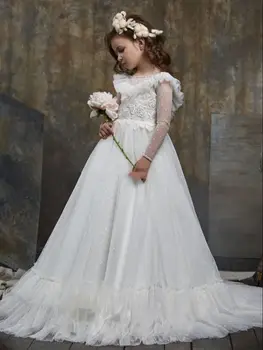 Платья для девочек для свадебной вечеринки с длинными рукавами и прозрачным вырезом, детское платье принцессы для первого причастия