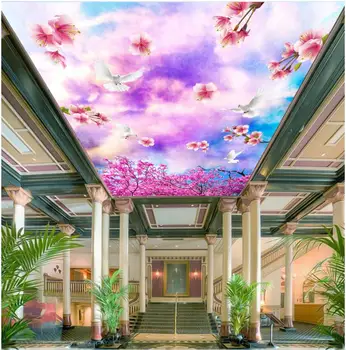 Пользовательские фото 3d потолочные фрески обои декор Розовые цветы и белые голуби в небе 3d настенные фрески обои для гостиной