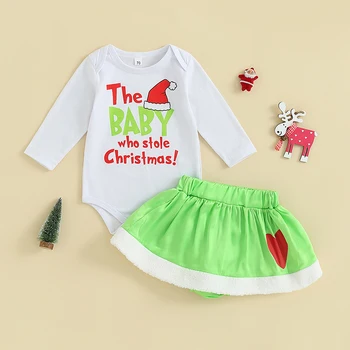Рождественская одежда для маленьких девочек от 0 до 2 лет, комбинезон с длинными рукавами и буквенным принтом, эластичная юбка, комплекты одежды из 2 предметов